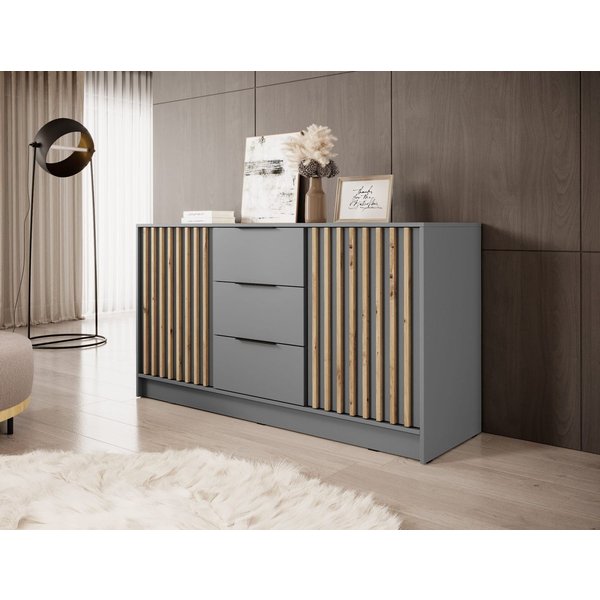 MOEBLO Kommode JOHN 3D (dekorative Lamellen Schrank Sideboard mit 2 Türen und 3 Schubladen, Moderne Wohnzimmer Schlafzimmer Möbel Kommode für Wohnzimmer), (BxHx