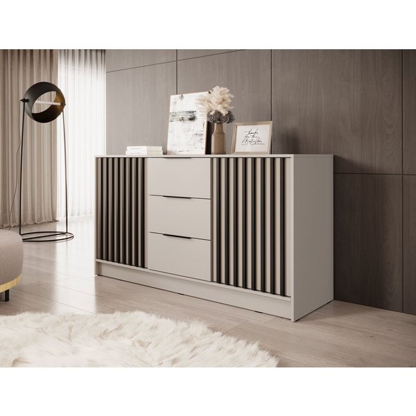 MOEBLO Kommode JOHN 3D (dekorative Lamellen Schrank Sideboard mit 2 Türen und 3 Schubladen, Moderne Wohnzimmer Schlafzimmer Möbel Kommode für Wohnzimmer), (BxHx