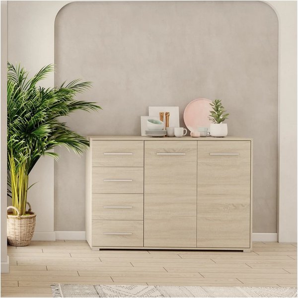 MOEBLO Kommode KOM001 (Kommode Sideboard Schubladenkommode, Highboard Schrank Beistelltisch mit 2 Türen und 4 Schubladen), (BxHxT): 135x95x45 cm