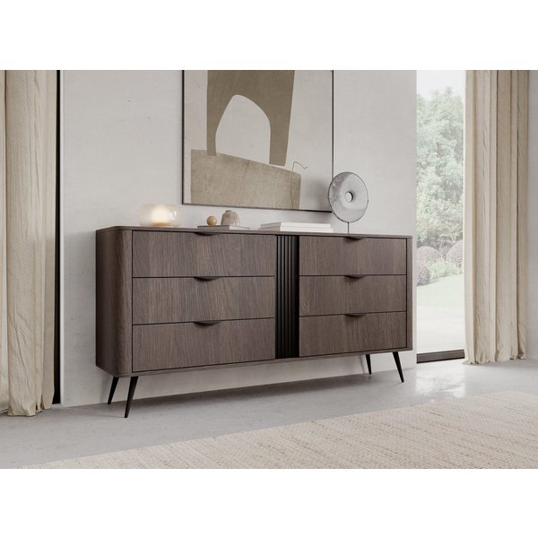 MOEBLO Kommode LARON 163 6s (Eiche Dunin, Schwarz – Großzügige 6-Schubladen-Kommode mit Metallfüßen und geriffeltem Frontdetail, Sideboard Wohnzimmer Kommode Sc