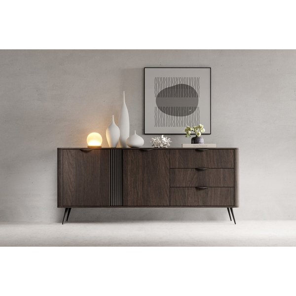 MOEBLO Kommode LARON 195 2d3s (Eiche Dunin & Schwarz, modernes Wohnzimmermöbel im Japandi- und Industrial-Design mit Schubladen und Türen, Sideboard Wohnzimmer 
