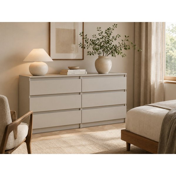 MOEBLO Kommode LOSKO 6S (Doppelkommode breite Schubladenkommode mit 6 tiefen Schubladen, grifflos, 180 cm, Weiß oder Kaschmir), (BxHxT): 180 × 86 × 42 cm
