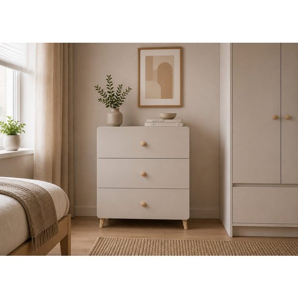 MOEBLO Kommode MERK 3S (Schubladenkommode 3S, 80 cm breit, mit 3 geräumigen Schubladen, abgerundeten Fronten, Holzgriffen und Holzfüßen, Kaschmir), (BxHxT): 80 