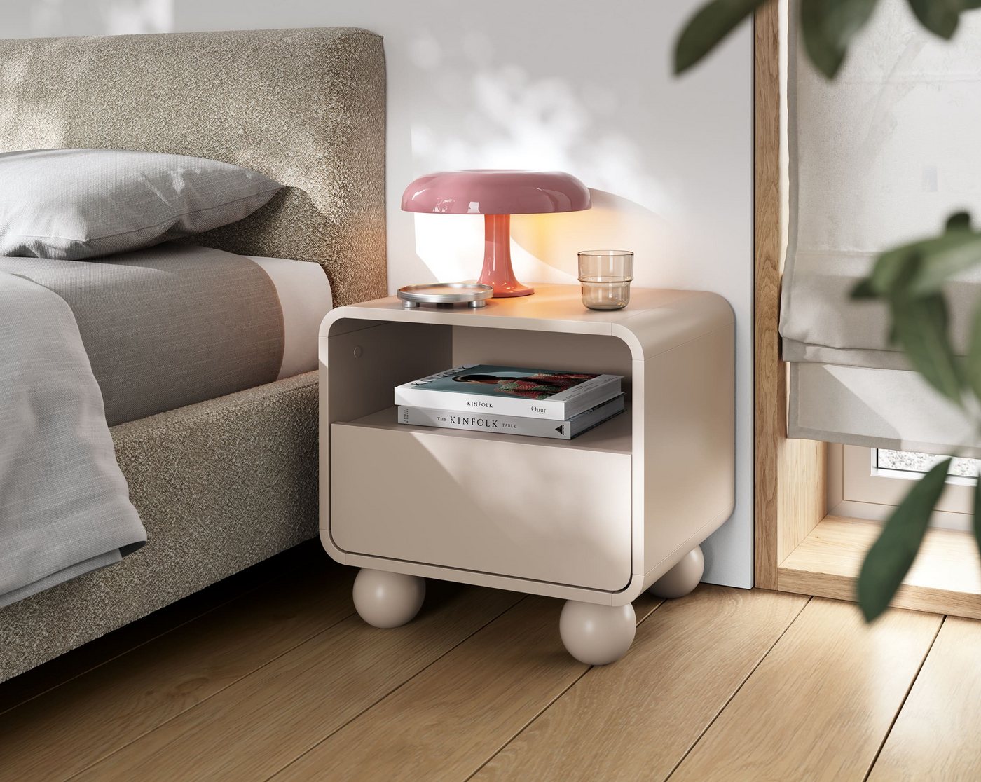 MOEBLO Nachttisch BERLIN S55 (in Kaschmir, moderne Nachtkommode mit Schublade, offenem Fach, Tip-on und Kugelfüßen, Nachttisch Nachtschrank Nachtkonsole Beistel – Bild 2 von 5