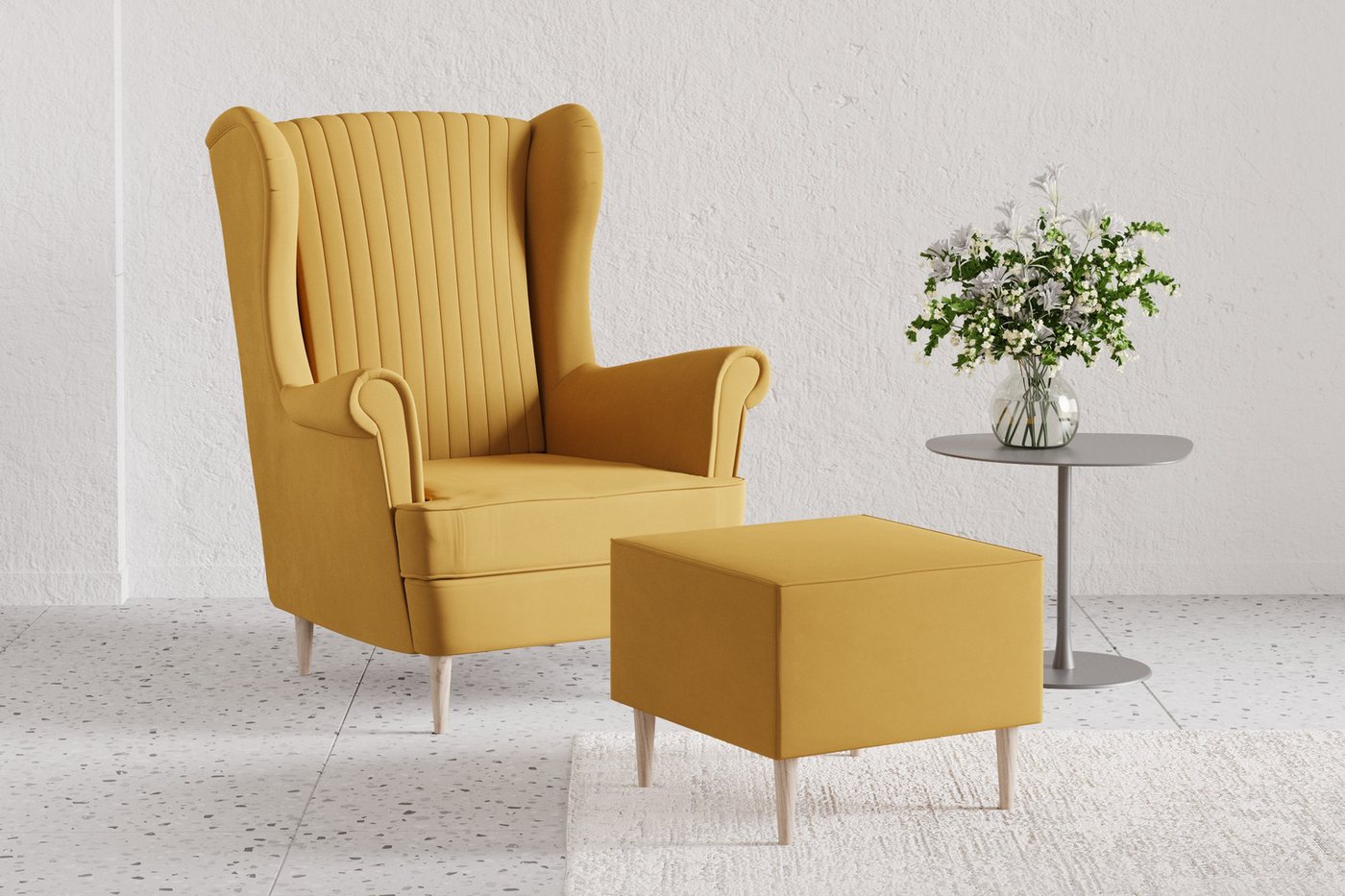 MOEBLO Ohrensessel COMFY SESSEL mit oder ohne Hocker (Samtstoff, optional mit Hocker, gepolstert, Loungesessel im modernen Design), Sessel mit optionalem Hocker – Bild 3 von 5