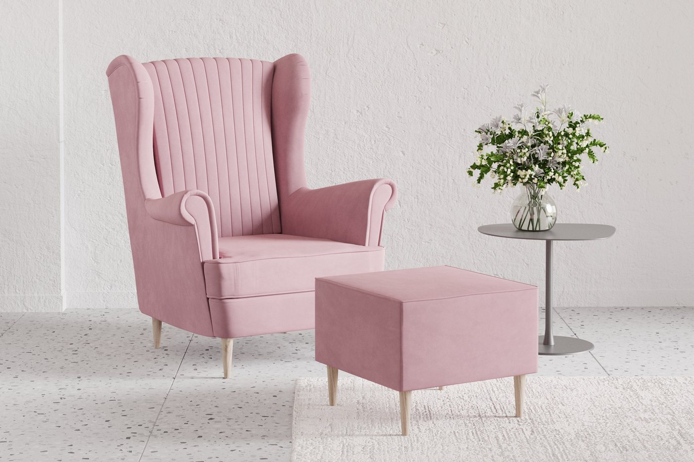 MOEBLO Ohrensessel COMFY SESSEL mit oder ohne Hocker (Samtstoff, optional mit Hocker, gepolstert, Loungesessel im modernen Design), Sessel mit optionalem Hocker – Bild 3 von 5
