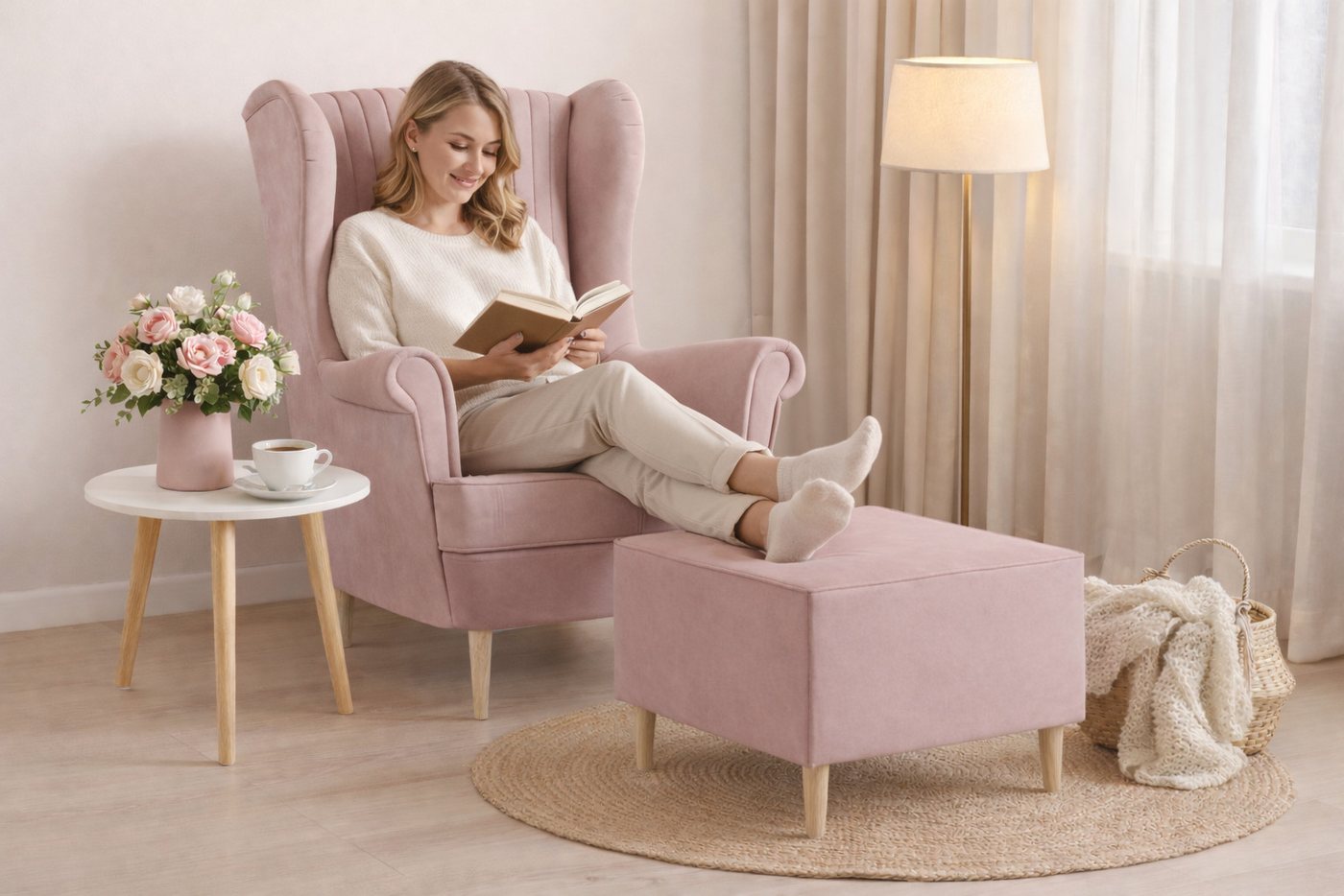 MOEBLO Ohrensessel COMFY SESSEL mit oder ohne Hocker (Samtstoff, optional mit Hocker, gepolstert, Loungesessel im modernen Design), Sessel mit optionalem Hocker – Bild 5 von 5