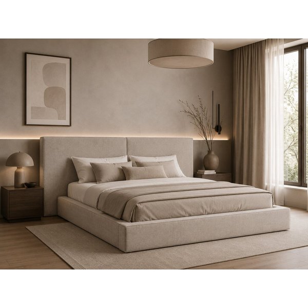 MOEBLO Polsterbett aus Strukturstoff Bett 06 (Bezug: Strukturstoff, Doppelbett mit Kopfstütze, Rahmenbettgestell, mit Bettkasten und Lattenrost), gepolstertes K