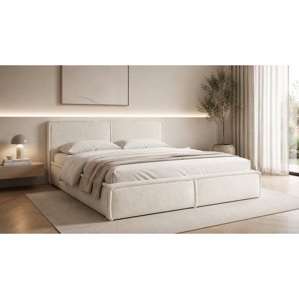 MOEBLO Polsterbett BETT 04 (Bezug: aus Cord, Doppelbett mit Kopfstütze, Rahmenbettgestell 160x200, mit Bettkasten und Lattenrost), mit Bettkasten
