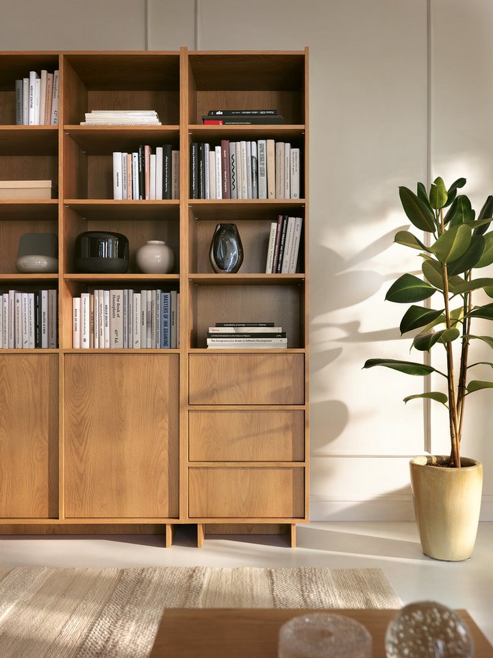 MOEBLO Regal LILIE R50, Regal R50 LILIE in Eiche Caramel – modernes, hohes Standregal & Bücherregal mit offenen Fächern und 3 Schubladen im platzsparenden Desig – Bild 4 von 5