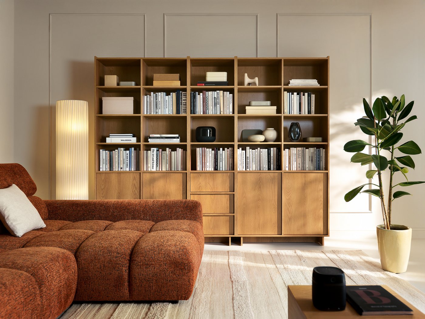 MOEBLO Regal LILIE R50, Regal R50 LILIE in Eiche Caramel – modernes, hohes Standregal & Bücherregal mit offenen Fächern und 3 Schubladen im platzsparenden Desig – Bild 5 von 5