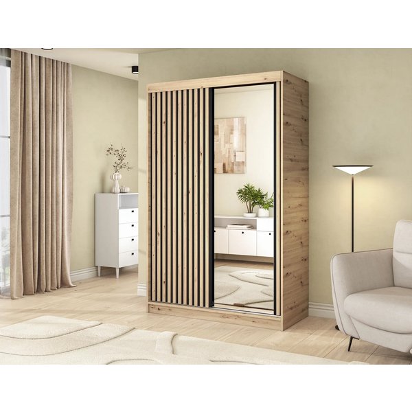 MOEBLO Schiebetürenschrank Giulia (mit Lamellenfront und Spiegel – Funktionaler Stauraum für Ihr Zuhause, Schwebetürenschrank 2-türig Schrank Garderobe Schiebtü