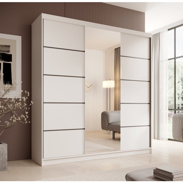 MOEBLO Schiebetürenschrank Lumis 200 (Moderner Kleiderschrank mit Spiegel für Schlafzimmer und Ankleidezimmer, 3 Schiebetüren, 11 Einlegeböden, stabile Kleiders