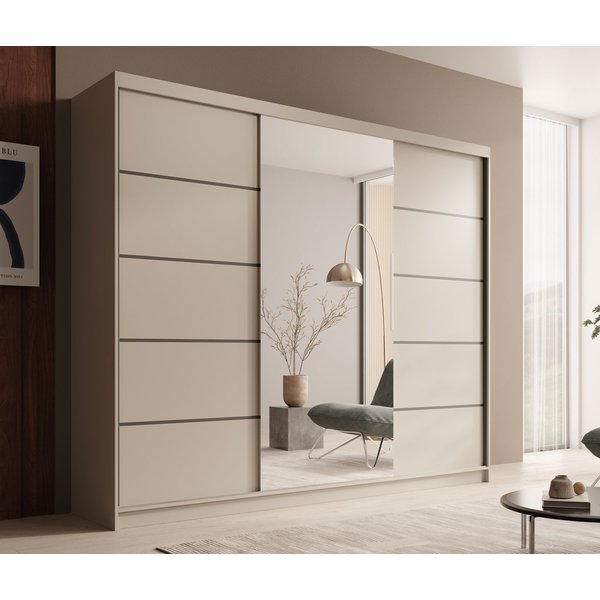 MOEBLO Schiebetürenschrank Tivora 250 (Moderner, platzsparender Kleiderschrank mit Spiegel für Schlafzimmer und Ankleidezimmer, 3 Schiebetüren, 11 Einlegeböden,