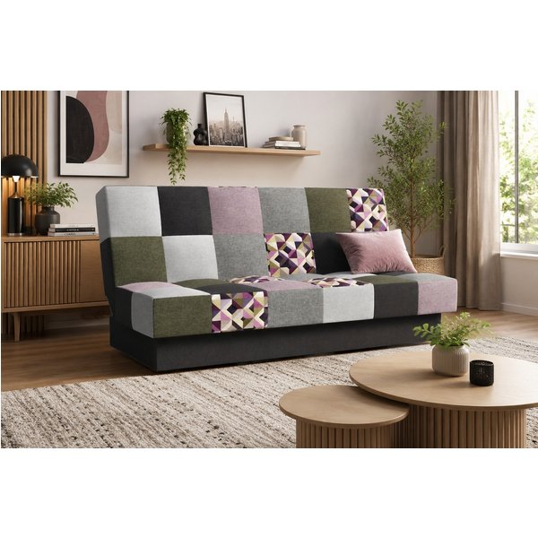 MOEBLO Schlafsofa CYPRUS Patchwork, – Sofa Kippsofa Klappsofa Click-Clack Couch für Wohnzimmer Federkern Sofagarnitur Polstersofa, mit Bettkasten und Schlaffunk