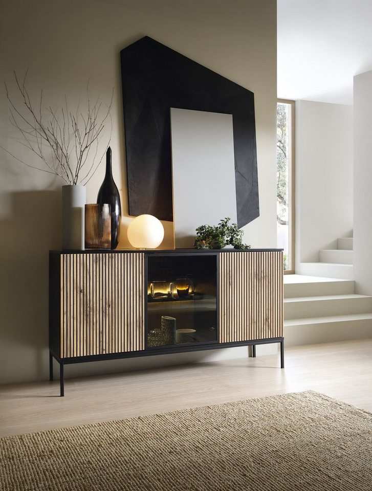 MOEBLO Sideboard Sentino S154 LED (Sideboard Wohnzimmer Kommode Schlafzimmer Komodenschrank Highboard, mit gefräster Front und LED-Beleuchtung), (HxBxT):83x154x – Bild 3 von 5