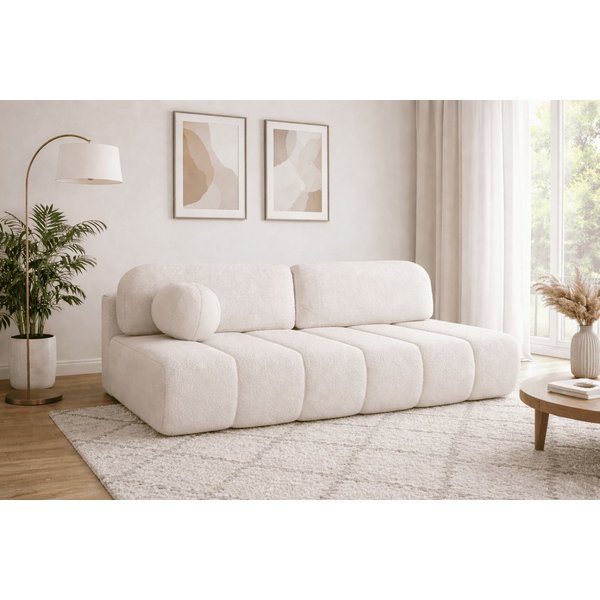 MOEBLO Sofa Fluffy aus Bouclé, Bequemes Sofa mit Schlaffunktion und Stauraum, Stilvollem Bouclé-Bezug, Couch Polstermöbel Sitzmöbel Wohnzimmermöbel 3-Sitzer-Sof