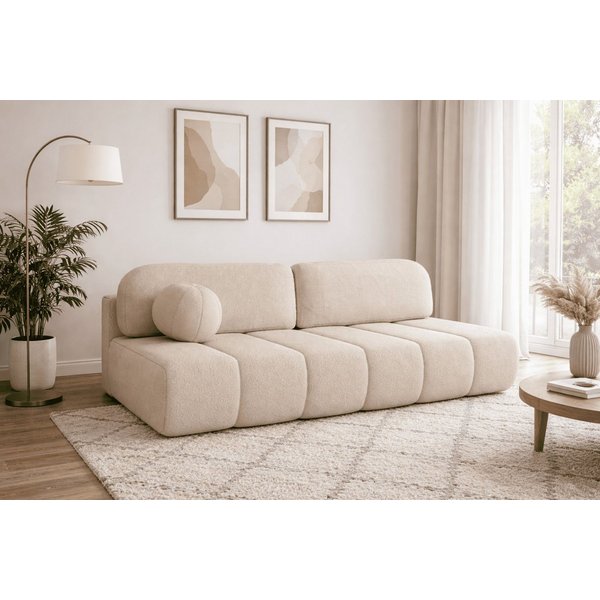MOEBLO Sofa Fluffy aus Bouclé, Bequemes Sofa mit Schlaffunktion und Stauraum, Stilvollem Bouclé-Bezug, Couch Polstermöbel Sitzmöbel Wohnzimmermöbel 3-Sitzer-Sof