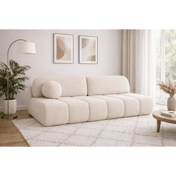 MOEBLO Sofa Fluffy aus Bouclé, Bequemes Sofa mit Schlaffunktion und Stauraum, Stilvollem Bouclé-Bezug, Couch Polstermöbel Sitzmöbel Wohnzimmermöbel 3-Sitzer-Sof