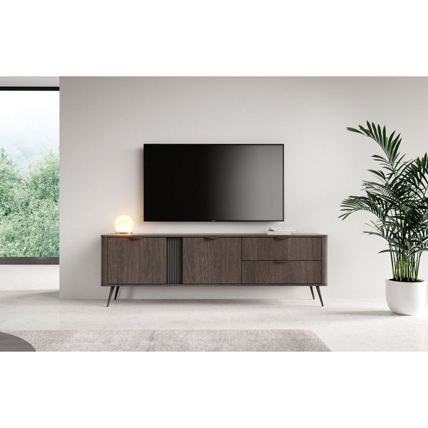 MOEBLO TV-Board RTV LARON 195 2d2s (Schwarz & Eiche Dunin, modernes Lowboard im Industrial & Japandi Design mit Metallfüßen, geriffelter Zierleiste und großzügi