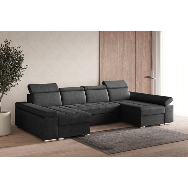 MOEBLO Wohnlandschaft LUKA U, Couch für Wohnzimmer Schlafsofa Sofa verstellbare Kopfstütze U-Form Eckcouch Wohnlandschaft Polsterecke mit Schlaffunktion und Bet
