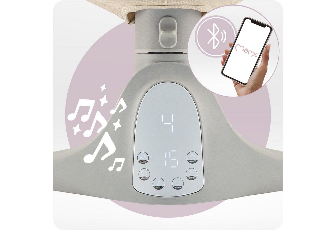 MoMi Babywippe Kenani, Elektrische Babywippe mit Bluetooth und Fernbedienung – Bild 3 von 5