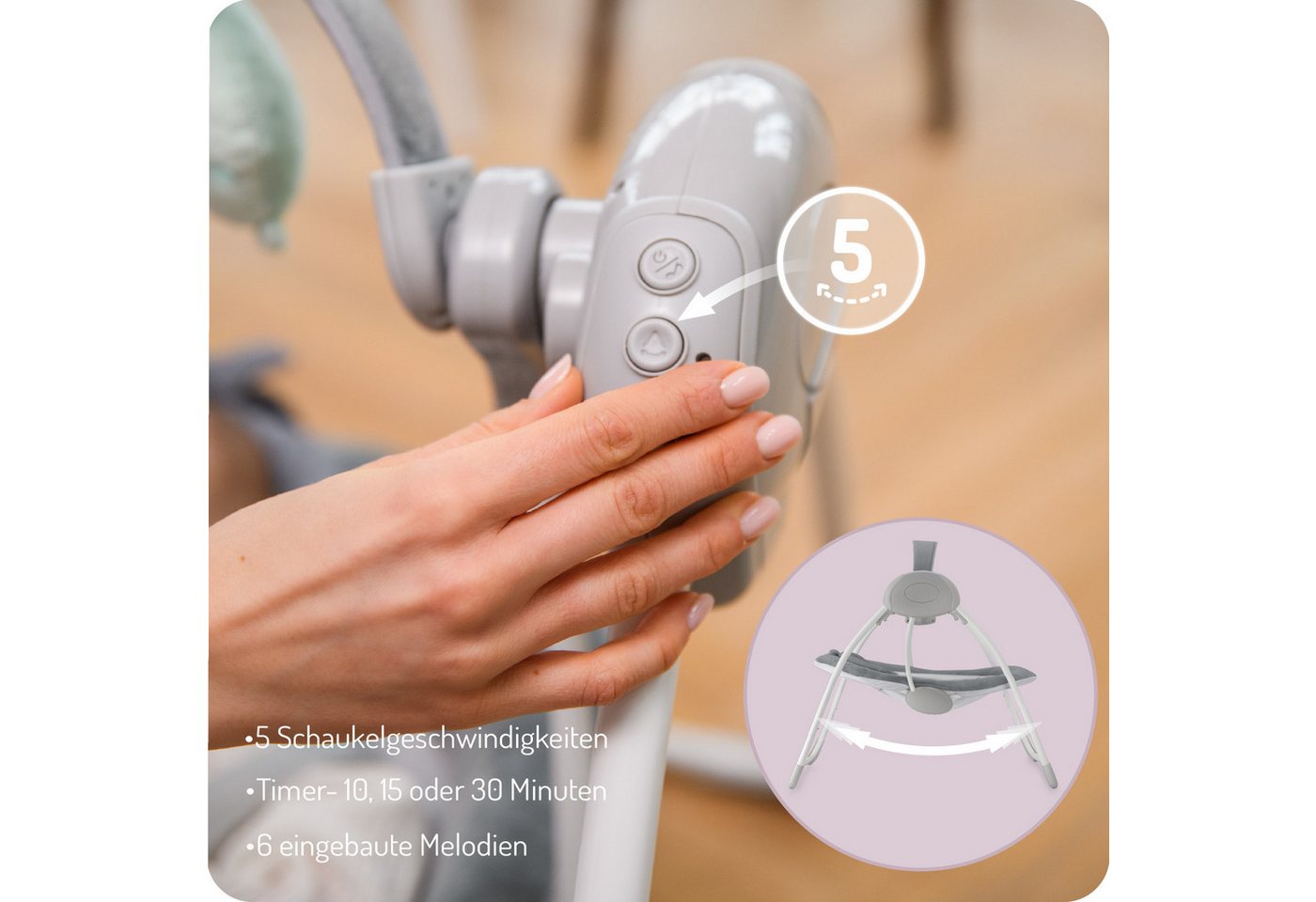 MoMi Babywippe Liss, elektrisch mit 5 Stufen, Timer und 6 Melodien – Bild 3 von 5