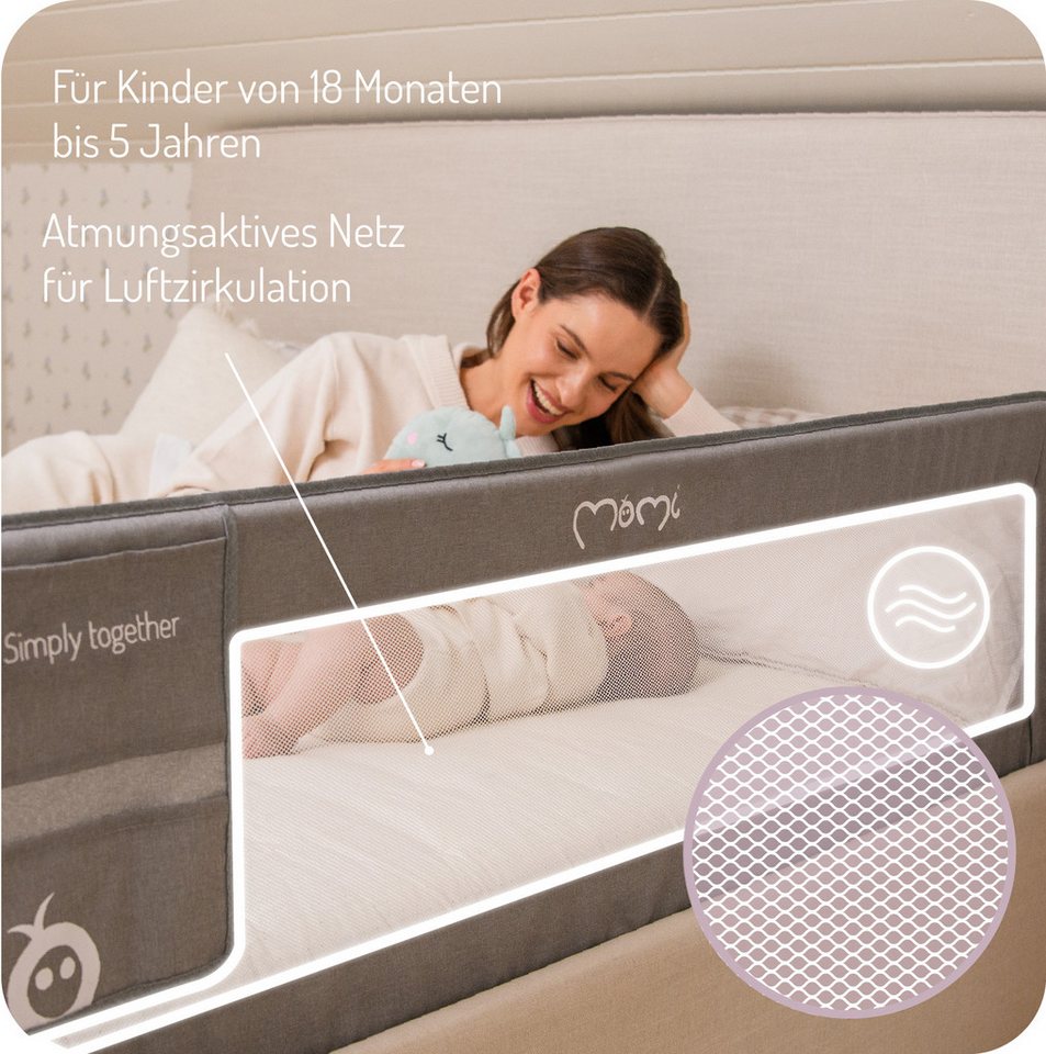 MoMi Bettschutzgitter Lexi Plus XL, Absenkbar mit Sicherheitsverriegelung, Netz & Doppeltasche – Bild 2 von 5