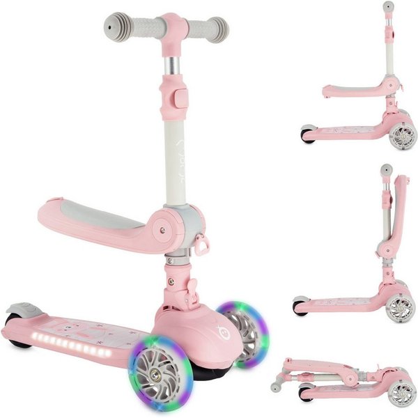 MoMi Dreiradscooter Debe, 2-in-1 Kinderroller mit Sitz, LED-Rädern und Klappfunktion
