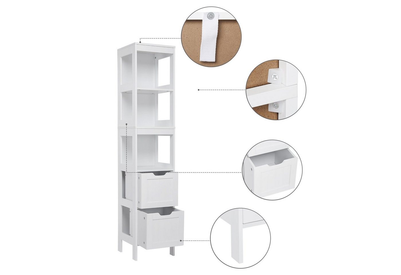 Mondeer Badkommode Badezimmerschrank, Hochschrank, Badschrank, mit 2 Schubladen und 3 offenen Regal – Bild 4 von 5