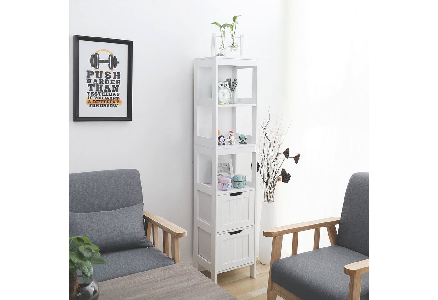 Mondeer Badkommode Badezimmerschrank, Hochschrank, Badschrank, mit 2 Schubladen und 3 offenen Regal – Bild 5 von 5