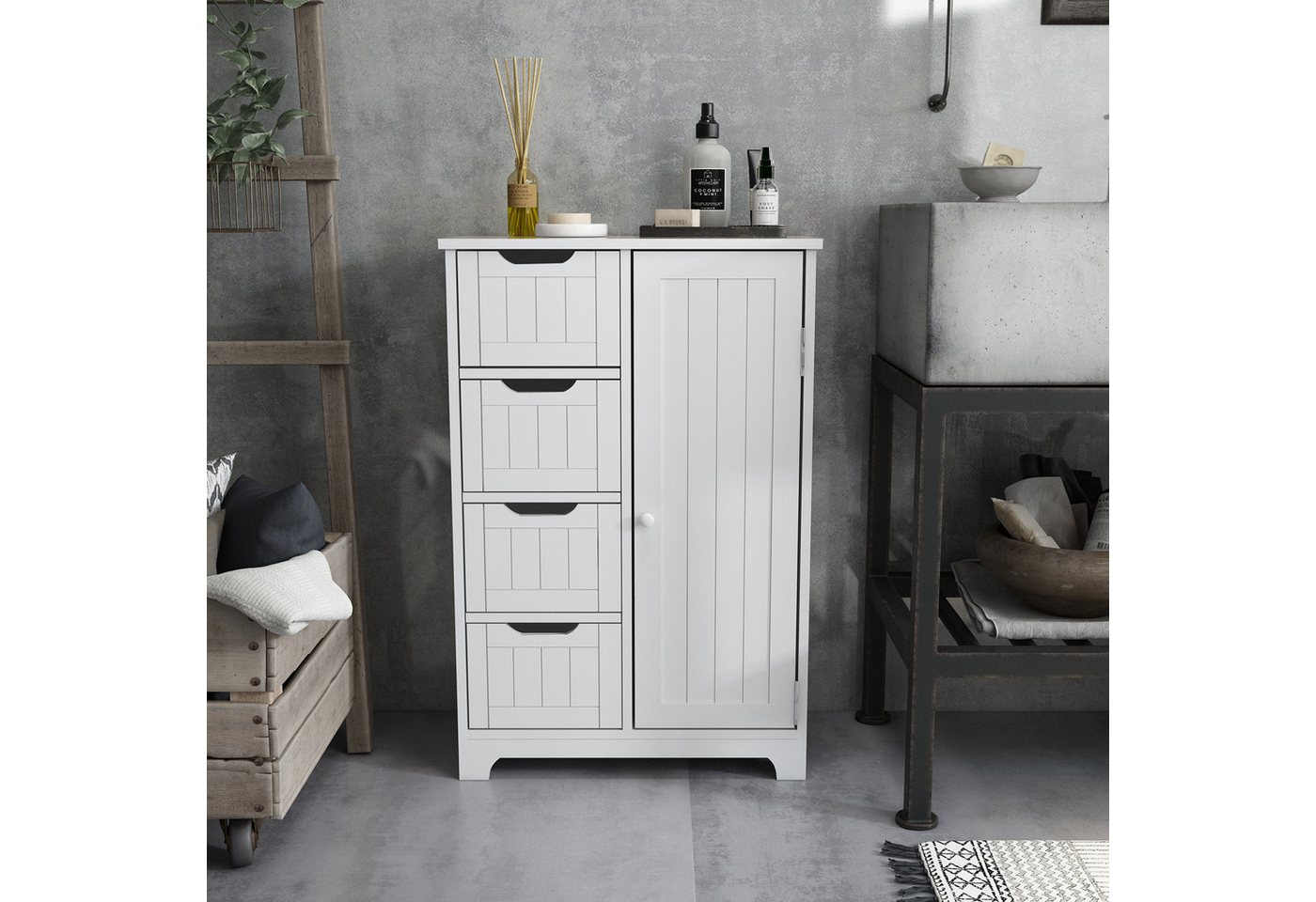 Mondeer Badkommode Badezimmerschrank, Wandkommode mit 4 Schubladen und 1 Tür, Verstellbar, Weiß – Bild 2 von 5