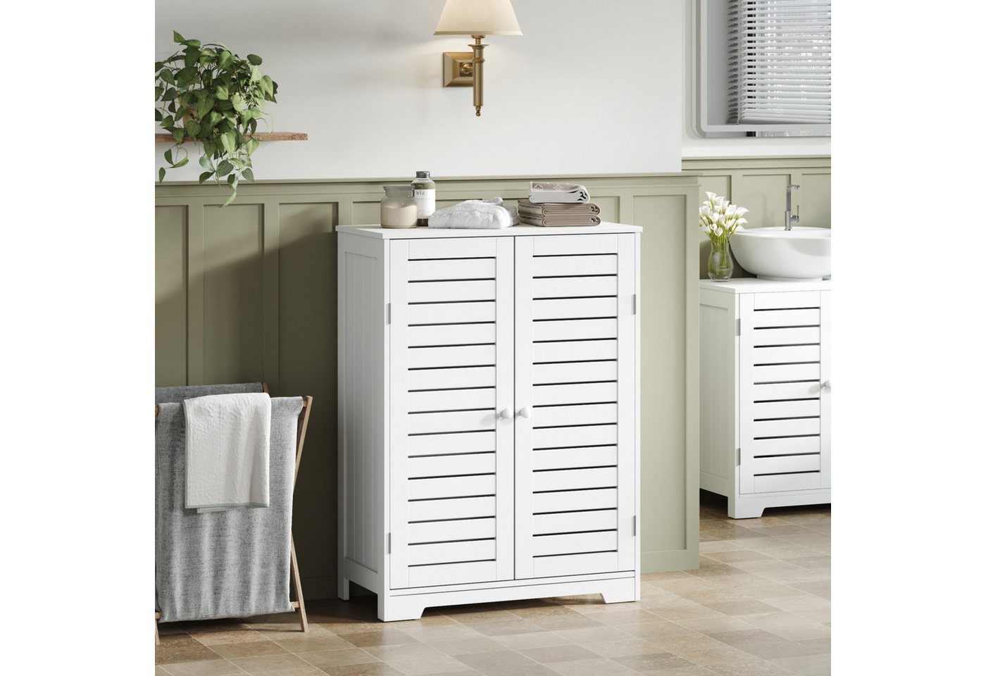 Mondeer Badkommode Badezimmerschrank, mit 2 Lamellentüren und 2 Einlegeböden,60 x 30 x 80 cm, Weiß – Bild 2 von 5