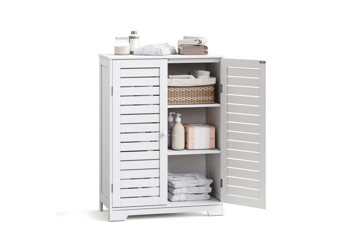 Mondeer Badkommode Badezimmerschrank, mit 2 Lamellentüren und 2 Einlegeböden,60 x 30 x 80 cm, Weiß – Bild 3 von 5