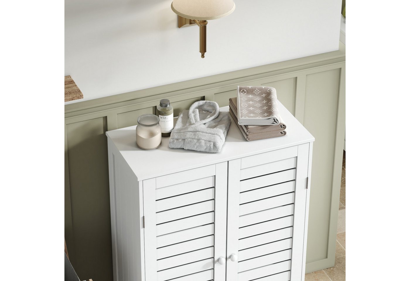 Mondeer Badkommode Badezimmerschrank, mit 2 Lamellentüren und 2 Einlegeböden,60 x 30 x 80 cm, Weiß – Bild 5 von 5