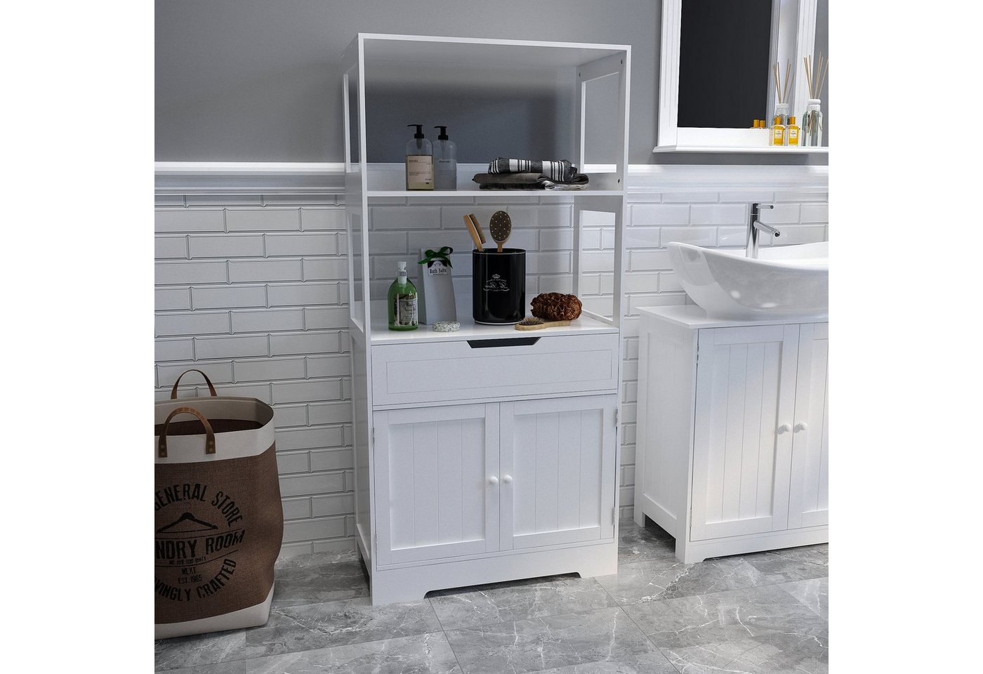 Mondeer Badkommode Badezimmerschrank, Badschrank, Aufbewahrungsschrank, 60 x 30 x 121cm, weiß – Bild 2 von 5
