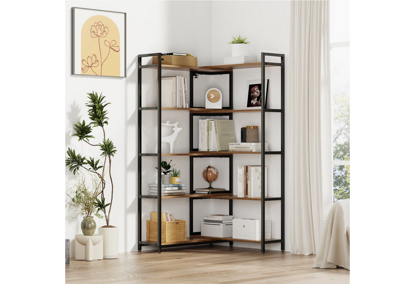 Mondeer Bücherregal Eckregal, Aufbewahrungsregal, 5-stufiges, Breite von 80-146cm verstellbar, Retro-Braun – Bild 2 von 5