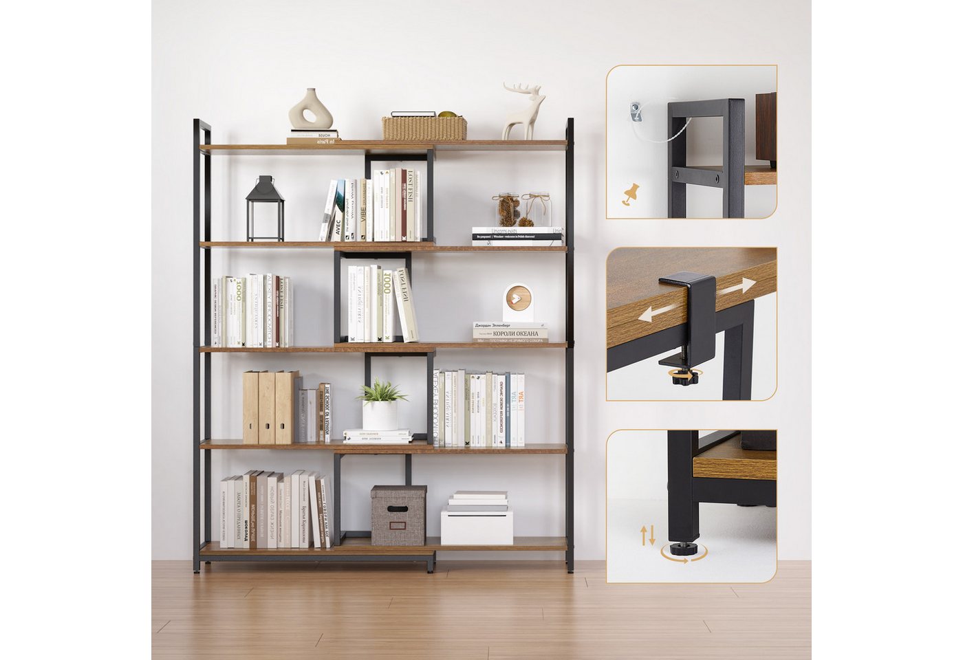 Mondeer Bücherregal Eckregal, Aufbewahrungsregal, 5-stufiges, Breite von 80-146cm verstellbar, Retro-Braun – Bild 4 von 5