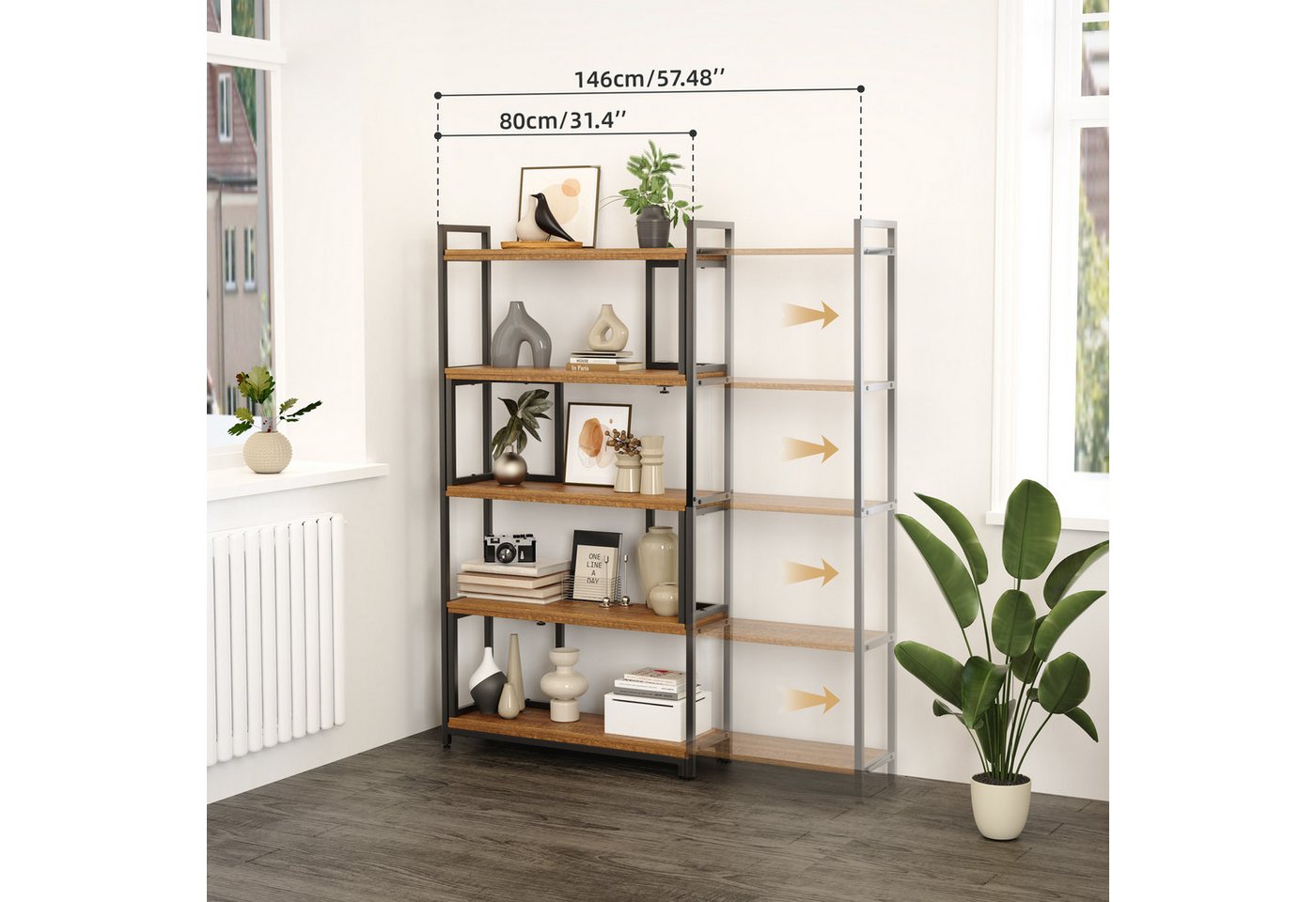 Mondeer Bücherregal Eckregal, Aufbewahrungsregal, 5-stufiges, Breite von 80-146cm verstellbar, Retro-Braun – Bild 5 von 5