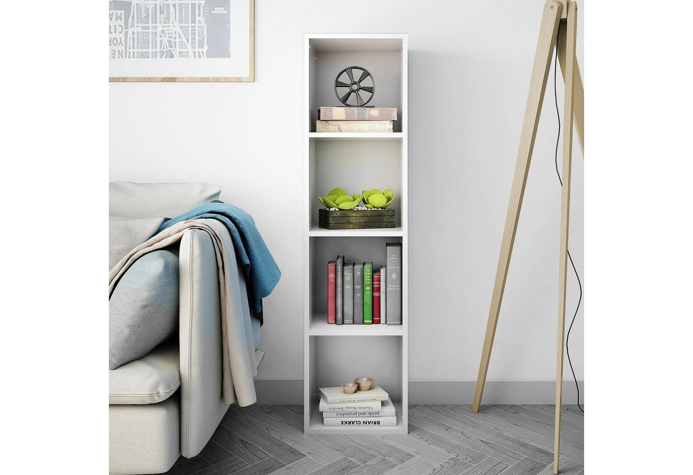 Mondeer Bücherregal Standregal, Wandregal, Bücherschrank aus Holz mit 4 Fächer, 30x30x120cm, Weiß – Bild 2 von 5