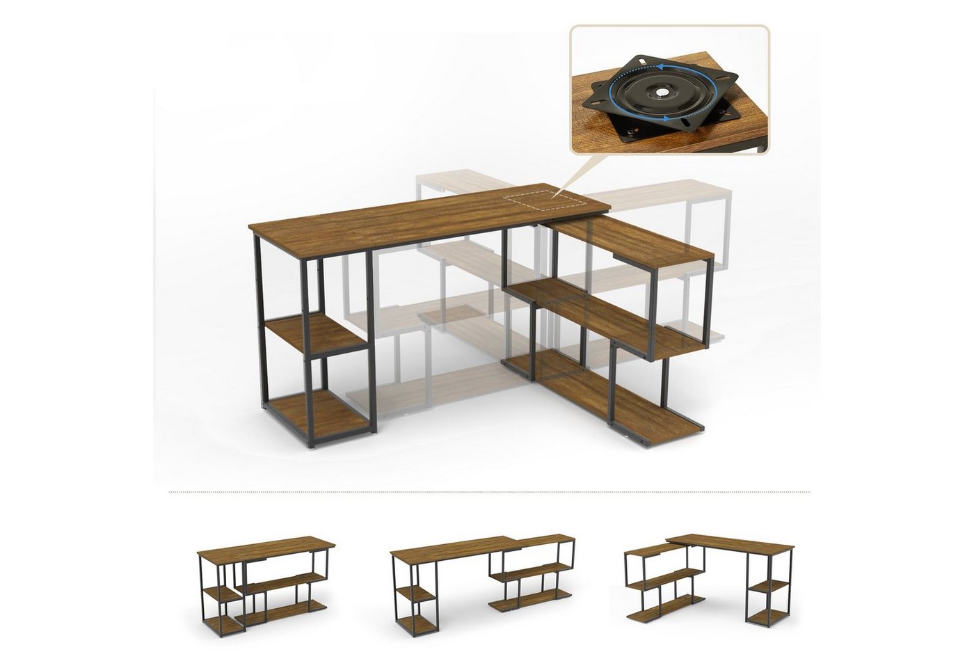 Mondeer Eckschreibtisch Computertisch, mit 360 Grad Drehbarem S-Regal, 2 Höhenverstellbare Regale, L-förmig – Bild 3 von 5