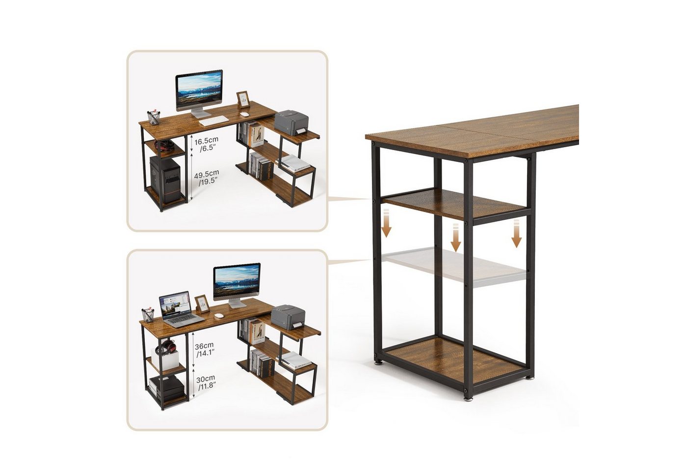 Mondeer Eckschreibtisch Computertisch, mit 360 Grad Drehbarem S-Regal, 2 Höhenverstellbare Regale, L-förmig – Bild 4 von 5