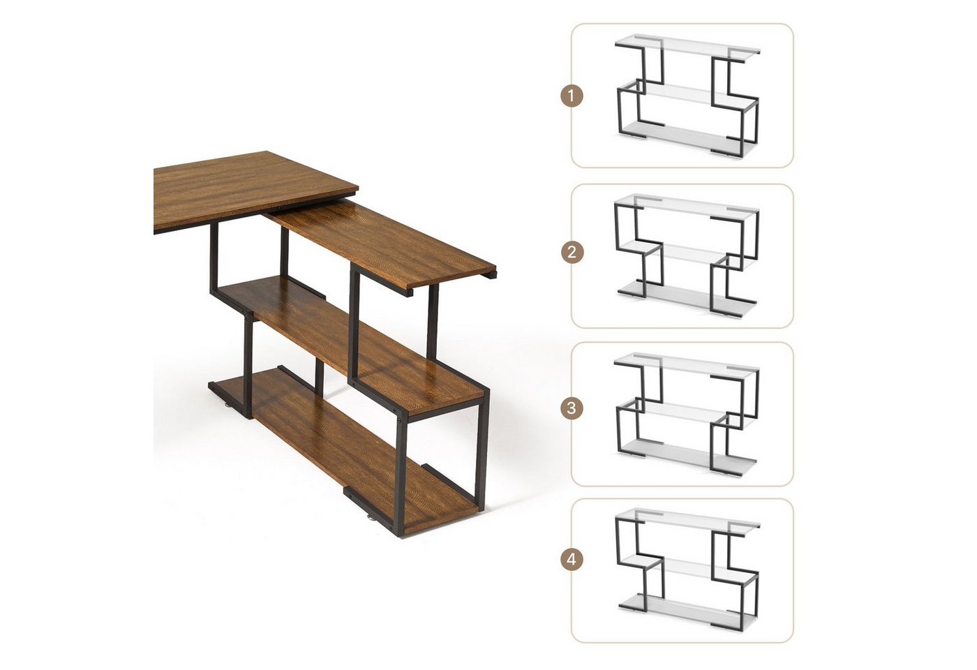 Mondeer Eckschreibtisch Computertisch, mit 360 Grad Drehbarem S-Regal, 2 Höhenverstellbare Regale, L-förmig – Bild 5 von 5