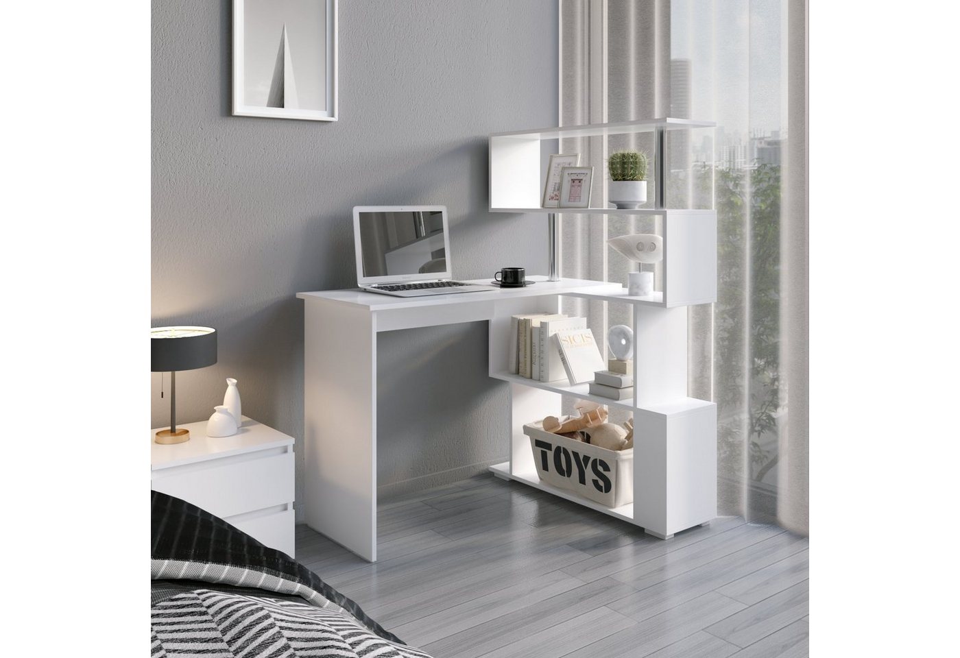 Mondeer Eckschreibtisch Schreibtisch, mit 360 Grad Drehbarem Bücherregal 157 x 45 x 130,5 cm – Bild 2 von 5