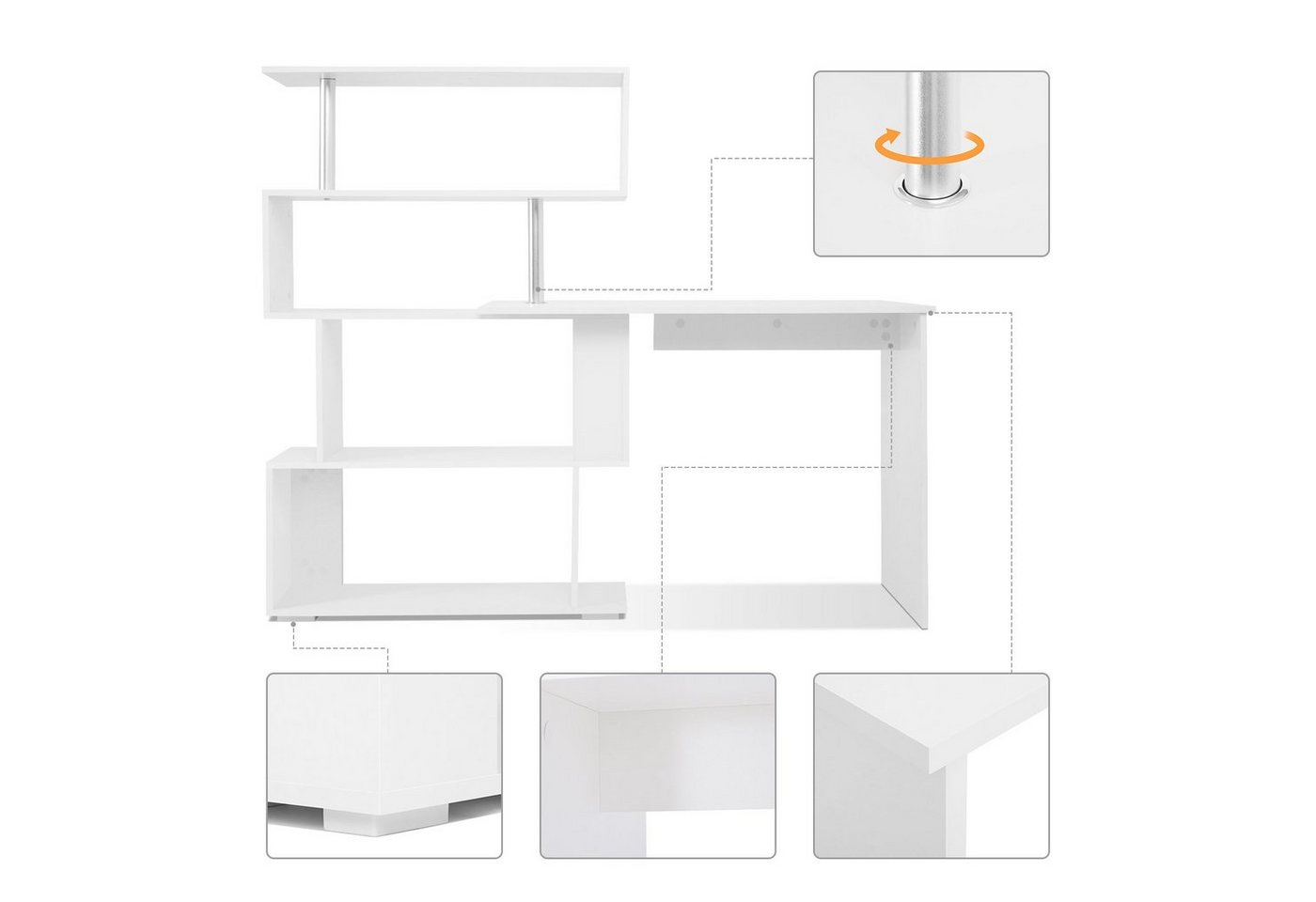 Mondeer Eckschreibtisch Schreibtisch, mit 360 Grad Drehbarem Bücherregal 157 x 45 x 130,5 cm – Bild 5 von 5