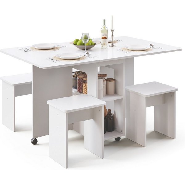 Mondeer Essgruppe Esstisch mit 4 Hockern, (120x80 cm), Platzsparend, 3-in-1-Funktion, Rollbar & Stabil