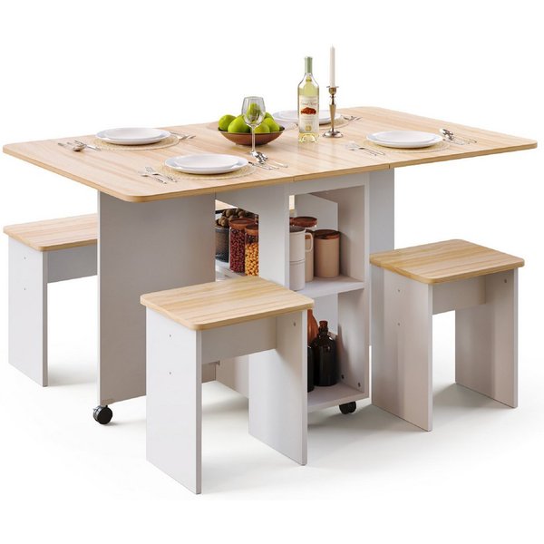 Mondeer Essgruppe Esstisch mit 4 Hockern, (120x80 cm), Platzsparend, 3-in-1-Funktion, Rollbar & Stabil