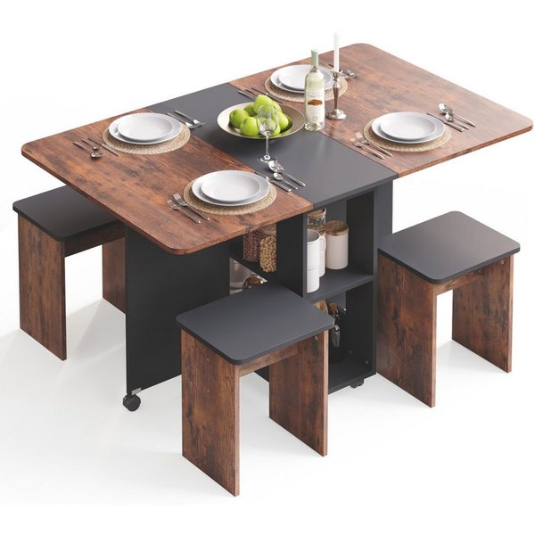 Mondeer Essgruppe Esstisch mit 4 Hockern, (120x80 cm), Platzsparend, 3-in-1-Funktion, Rollbar & Stabil