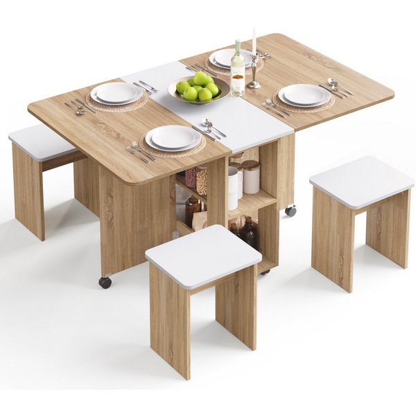 Mondeer Essgruppe Esstisch mit 4 Hockern, (120x80 cm), Platzsparend, 3-in-1-Funktion, Rollbar & Stabil