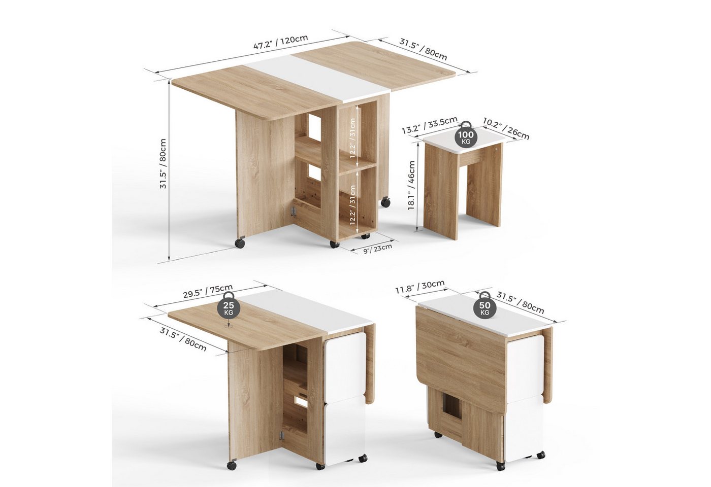 Mondeer Essgruppe Esstisch mit 4 Hockern, (120x80 cm), Platzsparend, 3-in-1-Funktion, Rollbar & Stabil – Bild 4 von 5
